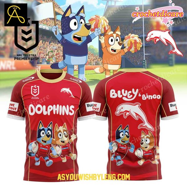 NRL Dolphins Bluey And Bingo Heeler Family Rugby Hoodie T-Shirt