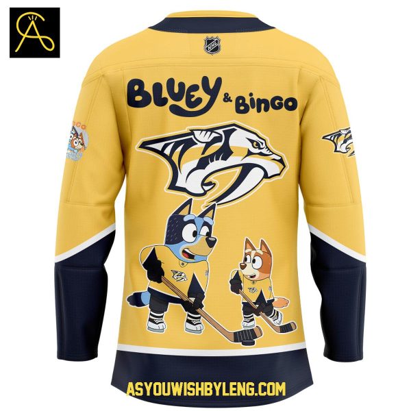 Nashville Predators Bluey Heeler And Bingo 2025 Hockey Jersey