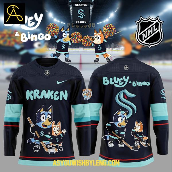 Seatle Kraken Bluey Heeler And Bingo 2025 Hockey Jersey
