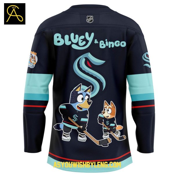 Seatle Kraken Bluey Heeler And Bingo 2025 Hockey Jersey